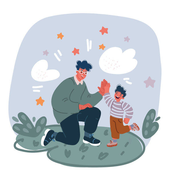 矢量插图年轻的爸爸给儿子的成功击掌手势学校成绩，为人父母的时间。家庭育儿观念。图片下载