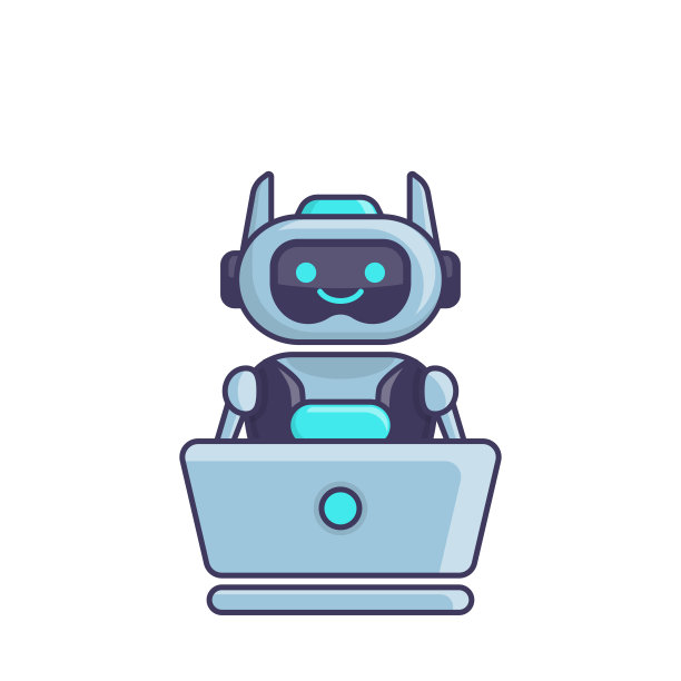 机器人字符工作与笔记本电脑矢量插图。可爱的卡通机器人插画图片下载