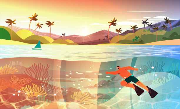 游客在海里或海洋中游泳，观看海洋动物与鱼类和珊瑚礁的水下娱乐活动图片下载