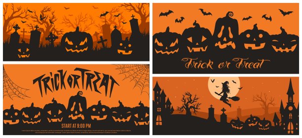 万圣节的节日设置彩色横幅图片下载