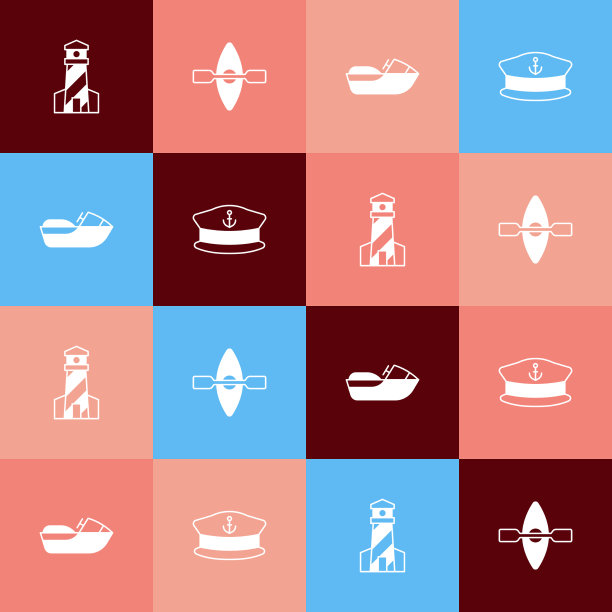 设置波普艺术灯塔独木舟和划桨水上摩托车图片下载