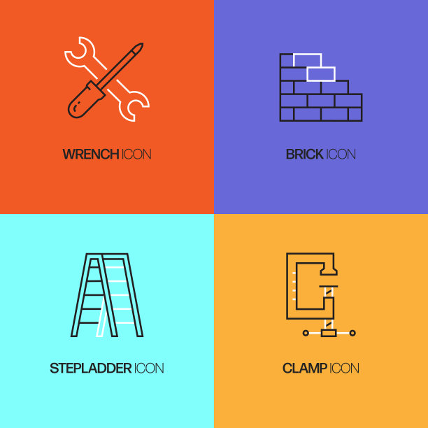 施工相关的矢量细线图标。轮廓符号集合图片下载