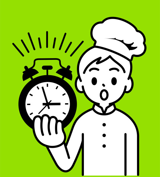 一个厨师男孩展示闹钟，看着观众，极简风格，黑白轮廓，烹饪精确:厨师男孩的时间管理图片下载