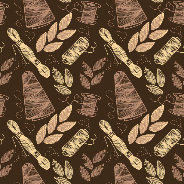 线和刺绣的无缝图案，手绘素描风格的涂鸦元素。缝纫线。刺绣的树叶。缝纫。刺绣。线程。手工制作的。向量的简单说明。图片下载