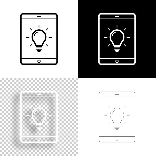 带灯泡的平板电脑。图标设计。空白，白色和黑色背景-线图标图片下载
