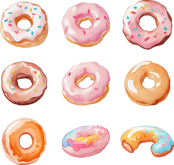一套彩色甜甜圈水彩图片下载