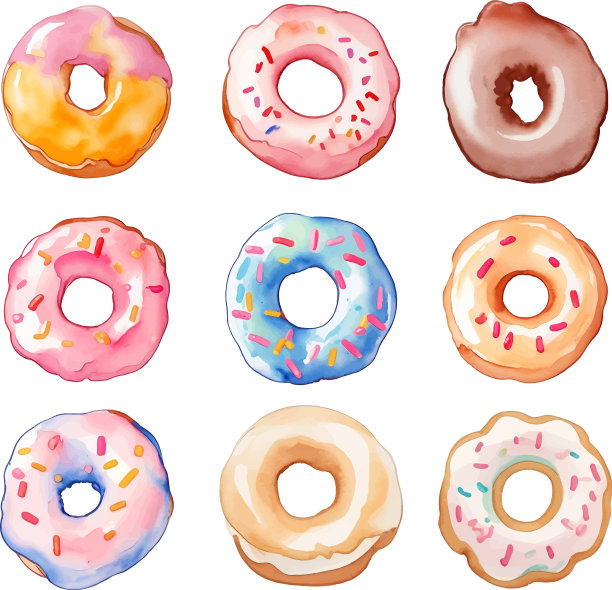 一套彩色甜甜圈水彩图片下载