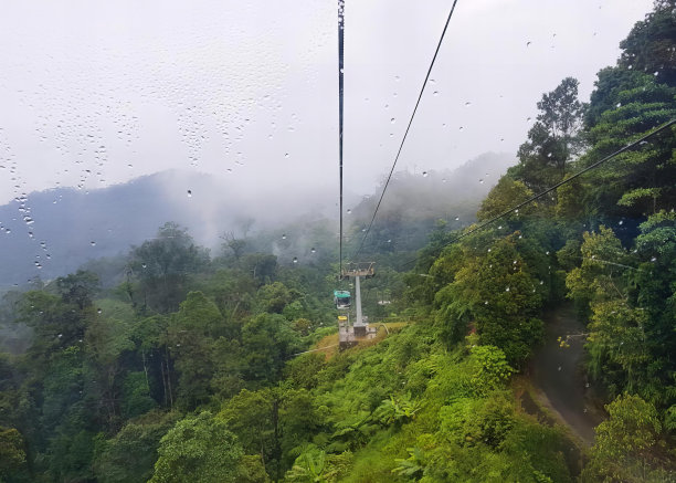雨中缆车上山的照片，有树有路的山上缆车的照片。图片下载