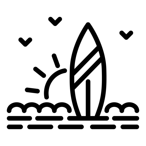 冲浪板和海滩与日落线图标，夏天的概念，冲浪标志在白色背景，冲浪板上的沙滩图标在轮廓风格移动概念网页设计。矢量图形。图片下载