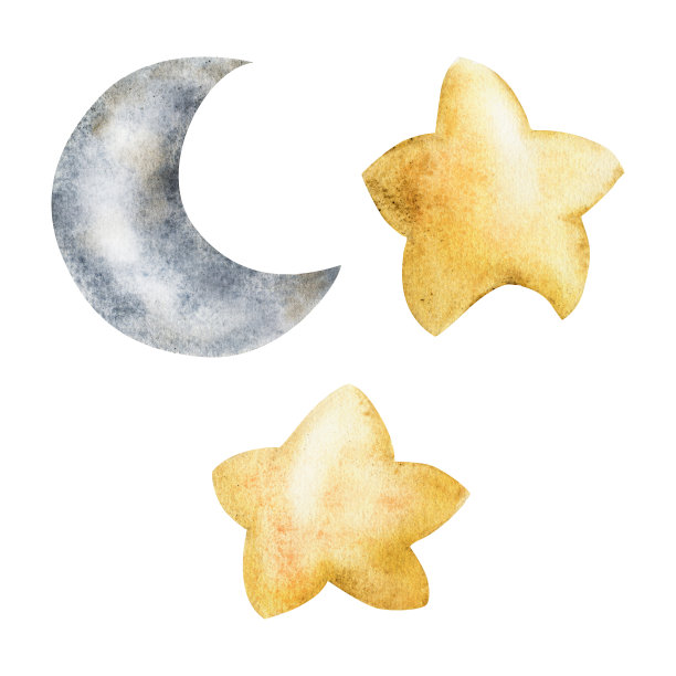 水彩手绘插画，神奇的宇宙宇宙物品，新月和星星。一组孤立在白色背景上的单一物体。适用于儿童，儿童卧室，织物，亚麻布印花，卡片图片下载