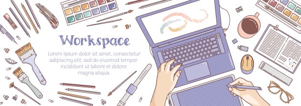 工作空间水平横幅。艺术家或设计师的桌面，笔记本电脑，油漆和画笔，笔记本，杯子，图形平板电脑，闪存驱动器，眼镜。涂鸦风格。办公室。用于网站，海报，销售传单图片下载