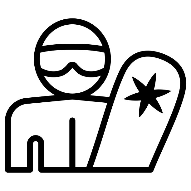 滑雪板与滑雪板线图标，冬季运动的概念，男子与滑雪板标志在白色背景，在风格的滑雪板图标的轮廓和网络。矢量图形。图片下载
