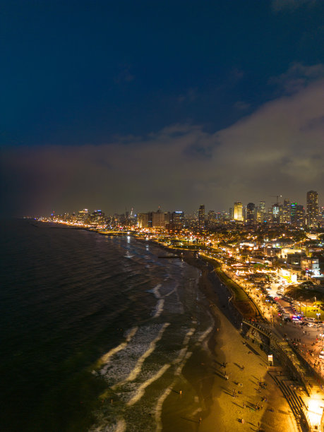 夏季特拉维夫-雅法海滨的下午和黄昏航拍全景照片图片下载