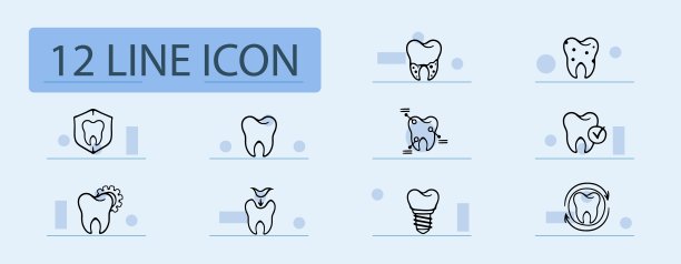牙科治疗线图标。龋齿，牙釉质，牙贴面，漂白，牙根发炎。柔和的颜色背景。矢量线图标图片下载
