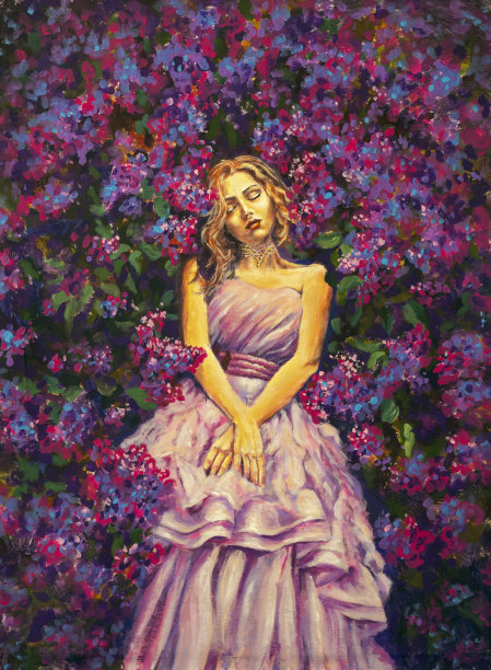 一个女人闭着眼睛，背景是粉红色、紫色的丁香花图片下载
