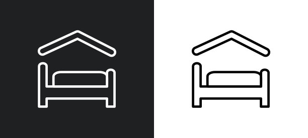 庇护所床轮廓图标在白色和黑色的颜色。从网络，移动应用程序和用户界面的慈善收集庇护所床平面矢量图标。图片下载