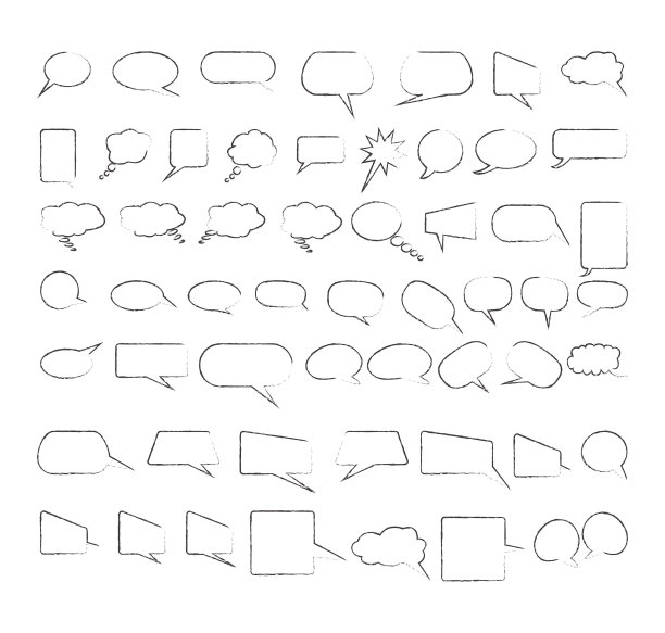 标注符号轮廓。语音气泡设置。滑稽的演讲涂鸦。矢量呼出集。喜剧文本语音泡泡。波普艺术风格。对话框空云，卡通盒子。图片下载