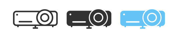 投影仪图标。数字视频显示迹象。会议标志展示。会议多媒体符号。Beam for cinema icons。黑色，蓝色。矢量信号。图片下载