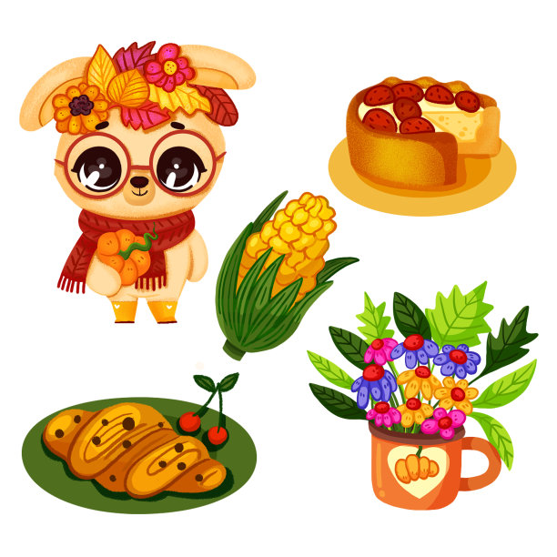 秋天捆绑可爱和舒适的设计元素。一套馅饼，坚果兔子，秋天的花，牛角面包和玉米。一套秋季手绘插画。图片下载