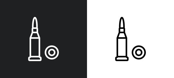 白色和黑色轮廓的两颗子弹图标。来自军队收藏的两个子弹扁平矢量图标，适用于网页、移动应用和UI图片下载