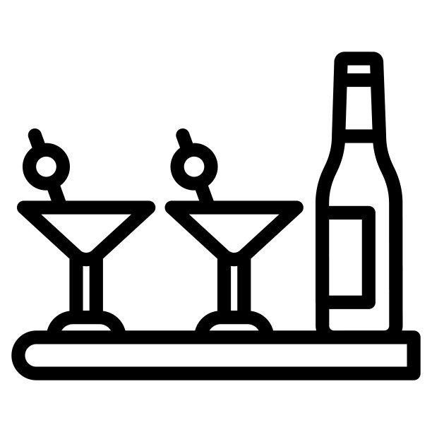 鸡尾酒瓶和酒杯线条图标，调酒师日概念，白色背景上的鸡尾酒吧菜单标志，瓶子和酒杯图标轮廓样式，矢量图形图片下载