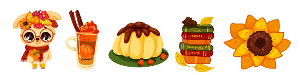 秋天捆绑可爱和舒适的设计元素。向日葵，坚果兔子，南瓜潘趣酒，布丁和舒适的书。一套秋季手绘插画。图片下载