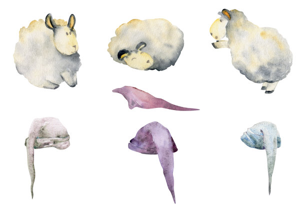 水彩手绘插画，神奇可爱毛绒小绵羊动物，睡觉帽子，卡通玩具人物。白色背景上孤立的单一物体。儿童卧室，织物，亚麻印花图片下载