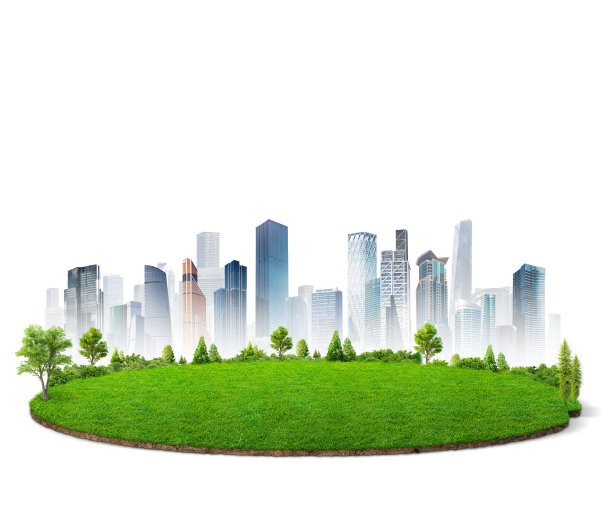 草皮模型。生态设计理念。建筑天际线背景。图片下载