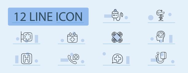 医药线图标。输血，日历，石膏，铃铛，医疗记录。柔和的颜色背景。矢量线图标图片下载