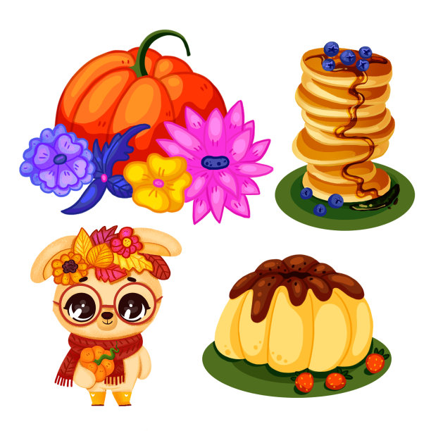 秋天捆绑可爱和舒适的设计元素。一套南瓜，坚果兔子，煎饼，布丁。一套秋季手绘插画。图片下载