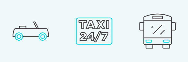 公交车、汽车、定位与出租车图标线条图片下载