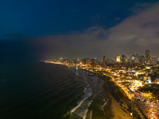 夏季特拉维夫-雅法海滨的下午和黄昏航拍全景照片图片下载