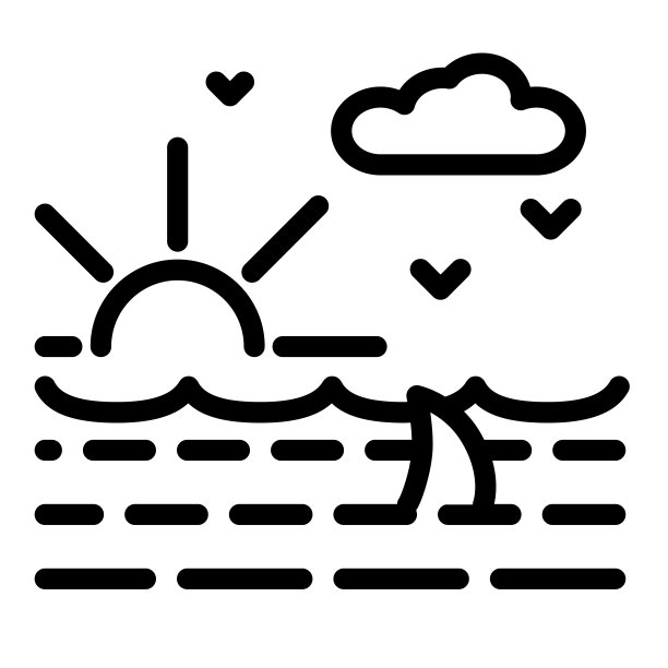 海浪与鲨鱼线图标，航海概念，海洋景观与太阳，云和海鸥标志在白色背景，鲨鱼鳍图标的风格，移动。矢量图形。图片下载