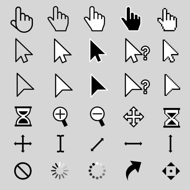电脑鼠标点击光标。鼠标指针设置。黑色矢量图标的箭头和手。不同的平滑和像素鼠标光标。向量的剪纸艺术。图片下载