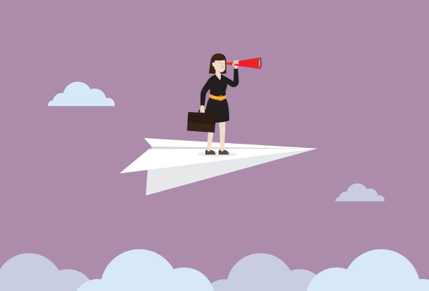 女商人拿着望远镜站在纸飞机上图片下载