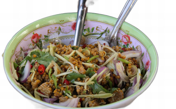 一碗食物的照片，里面有两个勺子，汤碗里有肉和蔬菜，里面有两个勺子。图片下载