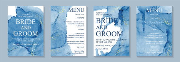 水彩背景与抽象的蓝色墨波和金色飞溅。图片下载