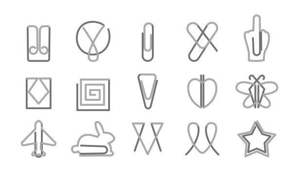 回形针图标设置在白色背景上。不同形式的办公室回形针图片下载