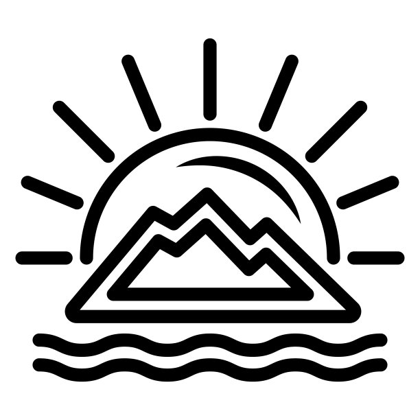 太阳背后的山，日落在海上，海滨线图标，自然概念，日出矢量标志在白色背景上，轮廓风格图标移动概念网页设计。矢量图形。图片下载