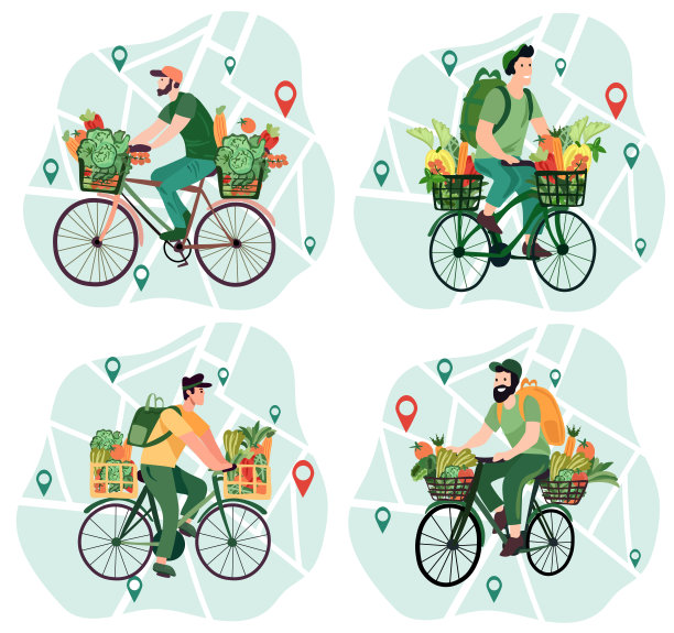 在线订购，快递员骑着自行车从虚拟杂货市场运送新鲜蔬菜和水果。生态快捷送货到家、办公。在线订单跟踪。矢量插图。图片下载
