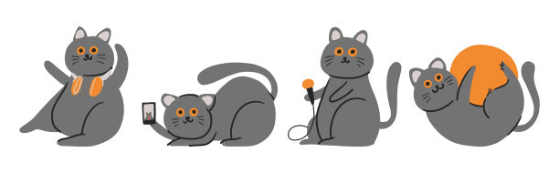 一组可爱的小黑猫。手绘风格。白色孤立的背景。向量。图片下载