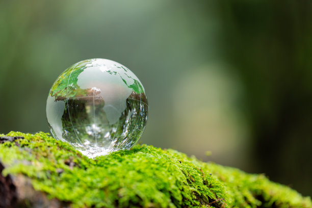 环境。森林中草苔上的玻璃球，抽象散焦光的绿色星球，环保理念。这张图片的元素由美国宇航局提供图片下载
