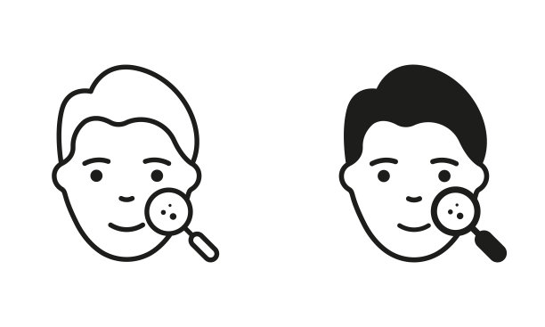 皮肤病学检查的男人皮肤线和轮廓图标集。面部皮肤护理符号系列。用放大镜象形图检查男孩皮肤脸。护肤品的迹象。孤立矢量图图片下载