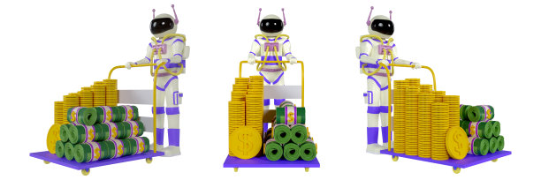 三维插图宇航员携带美元钞票使用手推车三维渲染图片下载