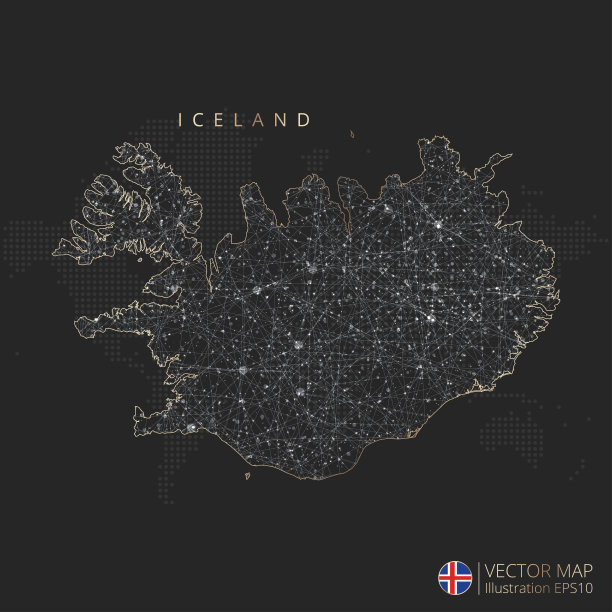 冰岛地图抽象几何网格多边形光概念与发光等高线国家和点图片下载