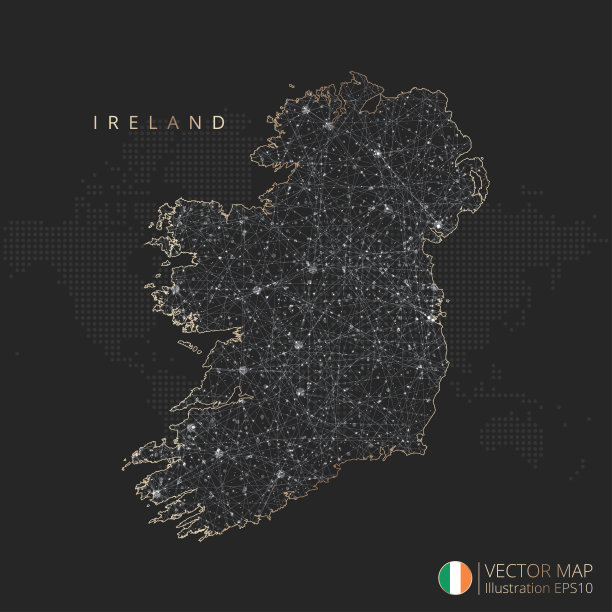 爱尔兰地图抽象几何网格多边形光概念与发光等高线国家和点图片下载