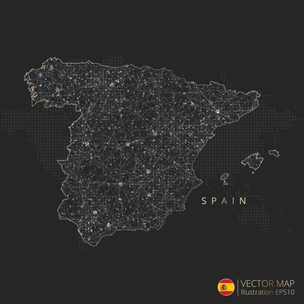 西班牙地图抽象几何网格多边形光概念与发光等高线国家和点图片下载