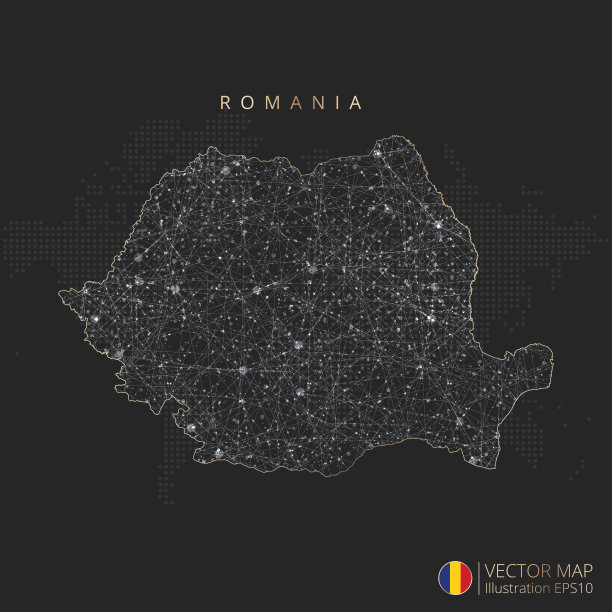 罗马尼亚地图抽象几何网格多边形光概念与发光等高线国家和点图片下载