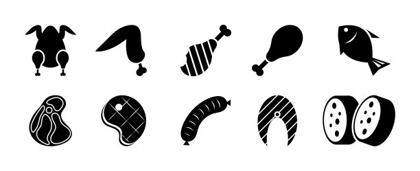 不同的肉类食品矢量图标。肉类和鱼类的产品包装标志。图片下载