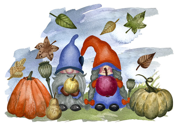 地精一家人用秋天的蔬菜收割。感恩节插图有侏儒、南瓜、枫叶、水果、蔬菜、鲜花。图片下载